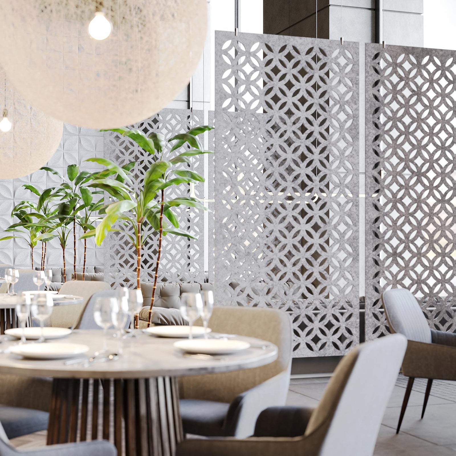 Light gray Chrysalis HarmonyDIVDR panels dividing a modern restaurant