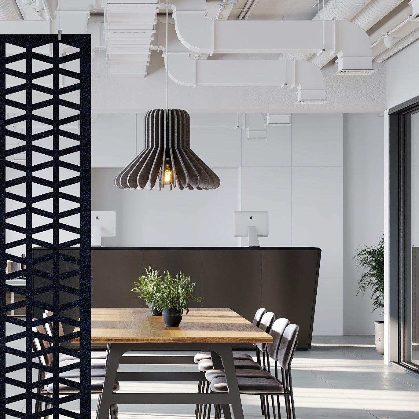 Black Cohen Harmony acoustic pendant light above a modern dining table