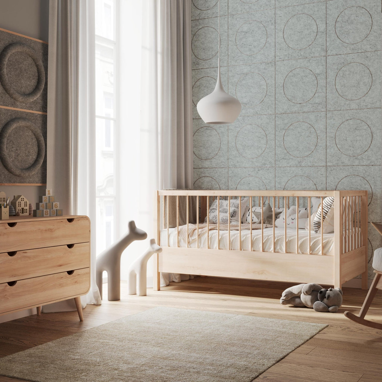 Light gray Coil HarmonyCARV acoustic felt wall panels in a modern nursery