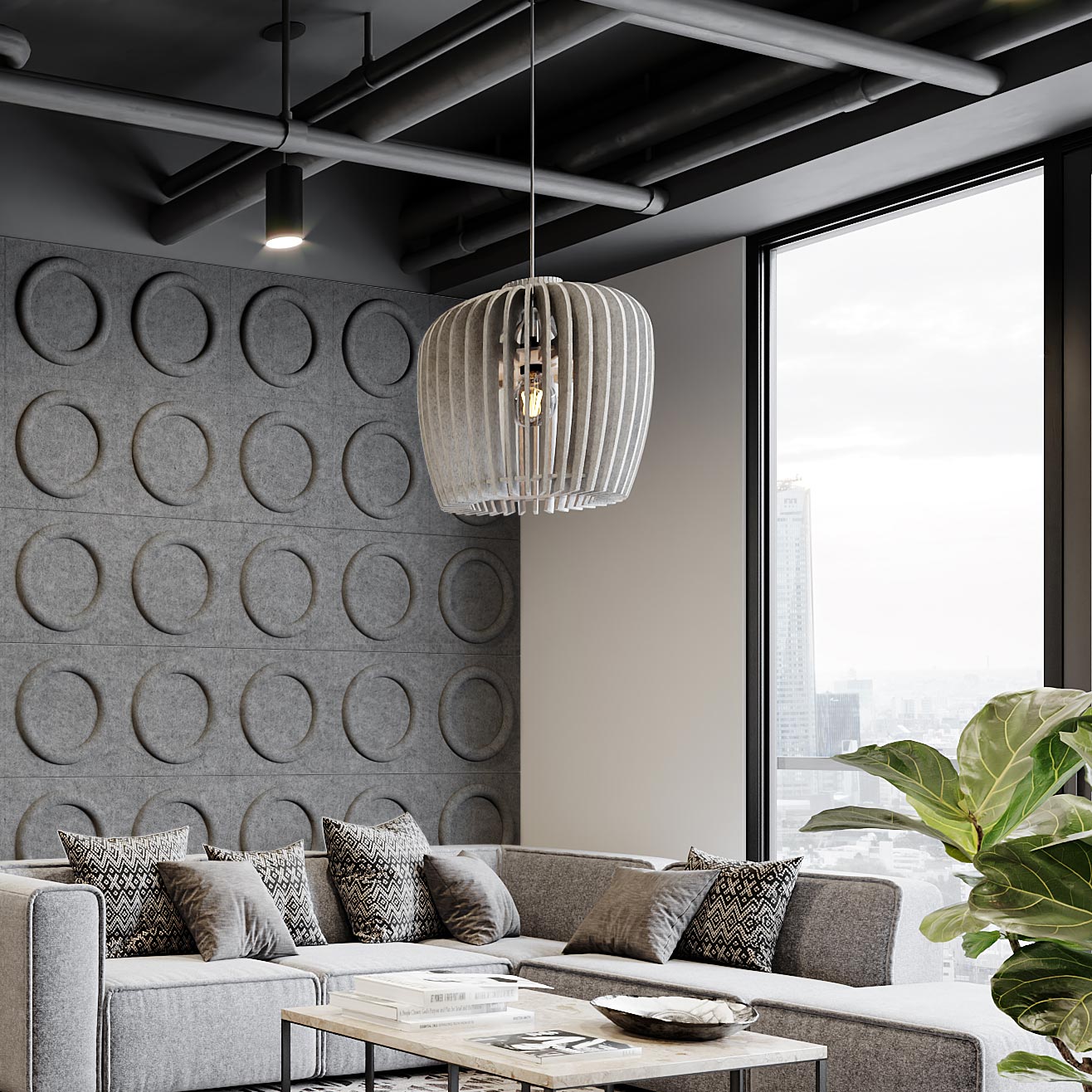 Gray Finley Harmony acoustic pendant light in a modern living room