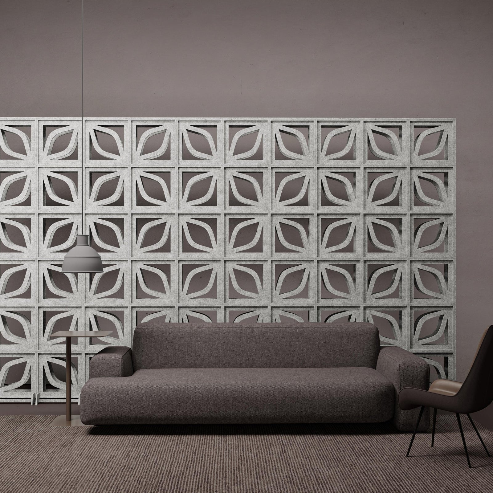 Light gray Folio HarmonyBLOKS acoustic room divider by Inhabit behind a sofa