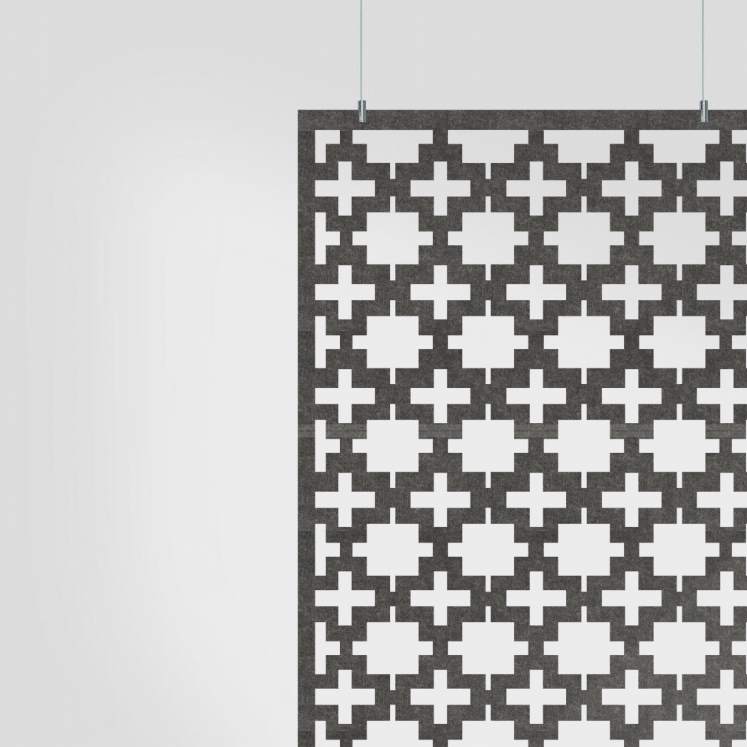 Taupe Format HarmonyDIVDR hanging acoustic panel with geometric cutouts
