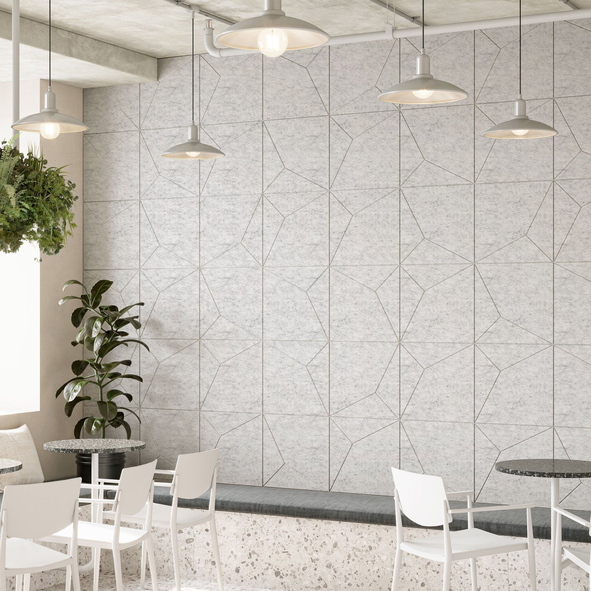Frag HarmonyCARV acoustic felt wall panels in a bright modern cafe and commercial space