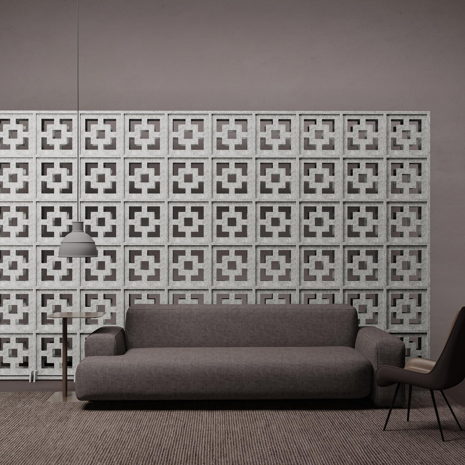 Light gray Frame HarmonyBLOKS acoustic room divider by Inhabit behind a sofa