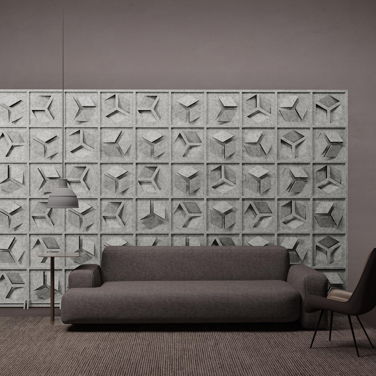 Hex HarmonyBLOKS geometric acoustic divider wall in a modern lounge.