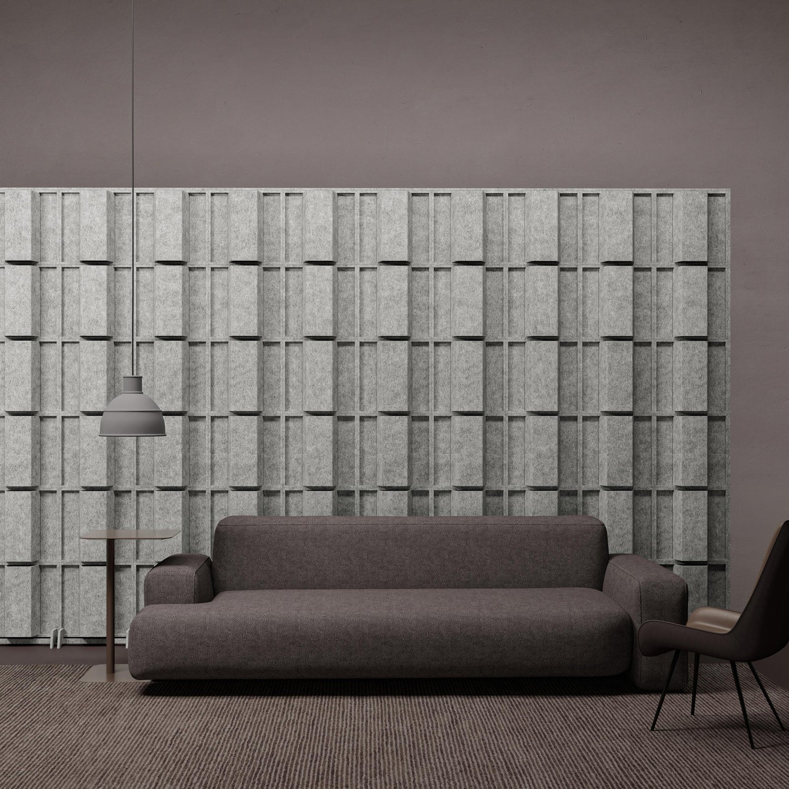 Hinge HarmonyBLOKS staggered acoustic divider wall in a modern lounge.