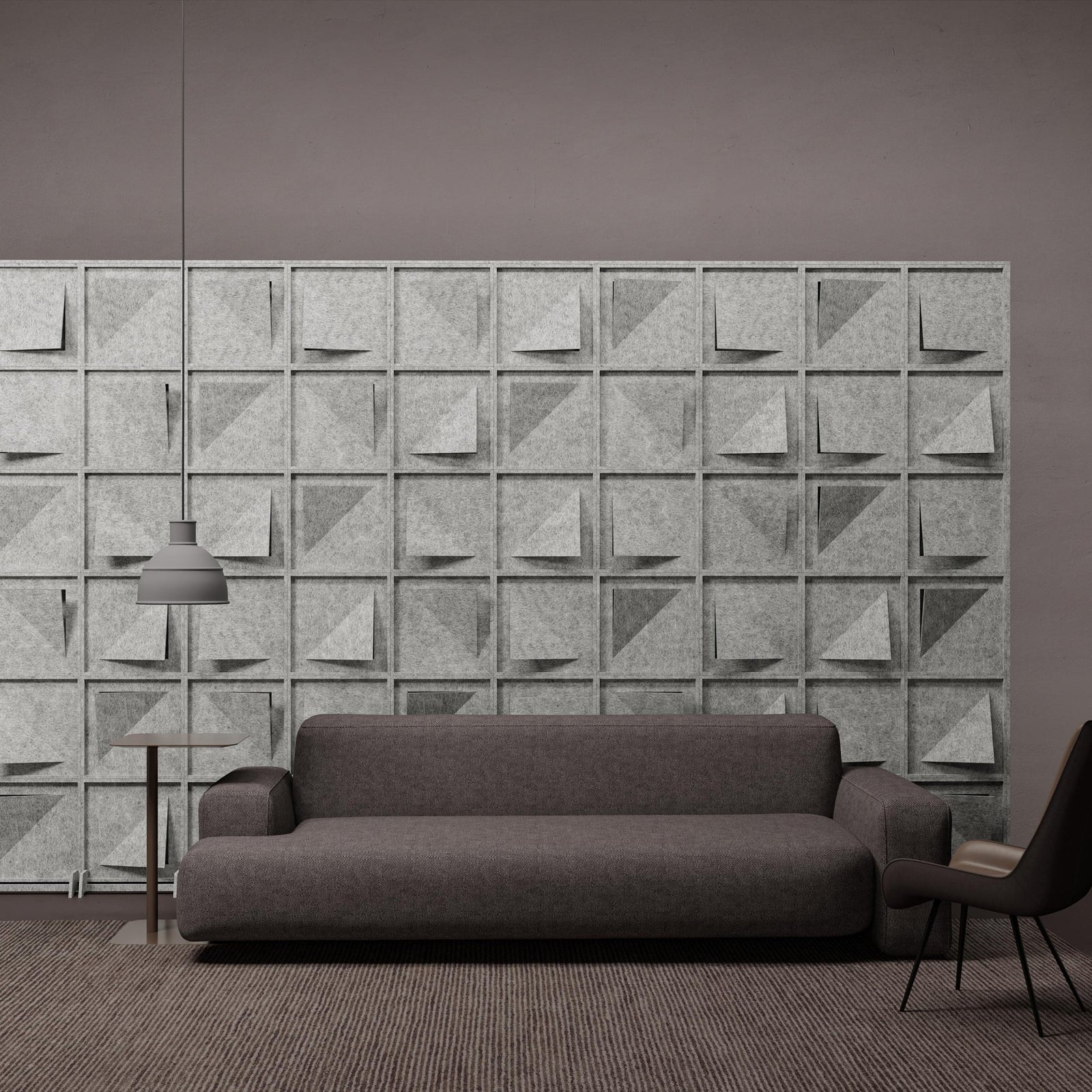 Joist HarmonyBLOKS linear acoustic divider wall in a modern lounge.
