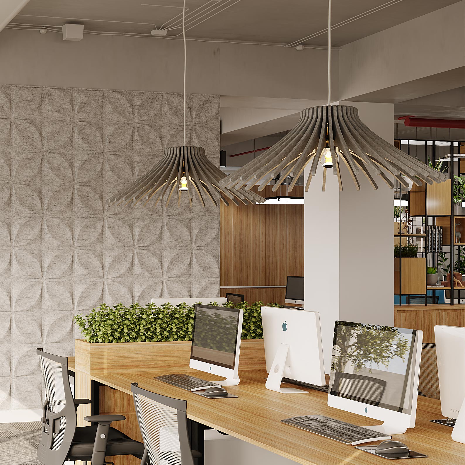 Keck Harmony acoustic lighting above a collaborative meeting table