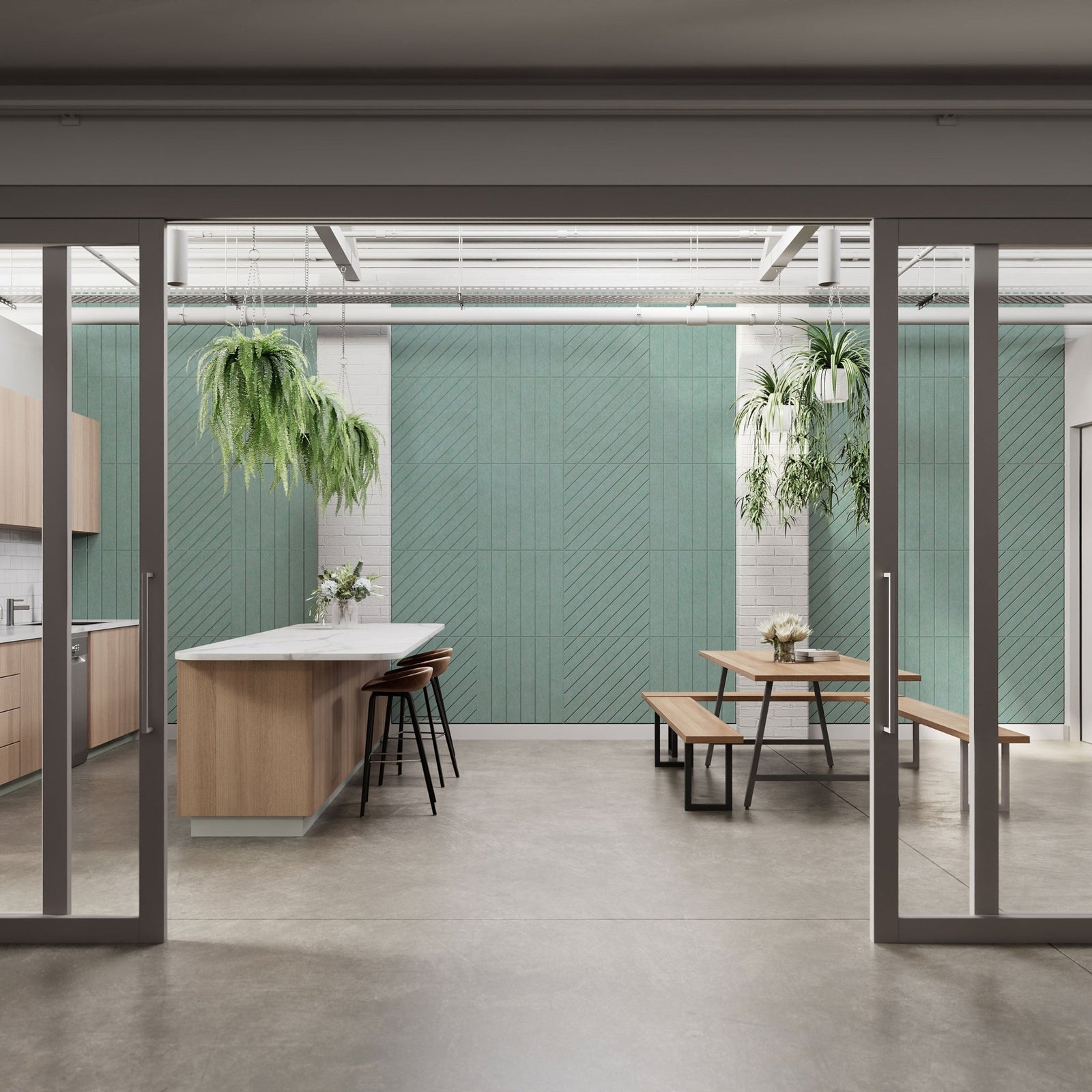 Level HarmonyCARV acoustic panels on a green meeting-room wall.