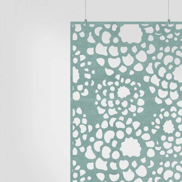 Mum HarmonyDIVDR aqua felt acoustic room divider with floral cutouts.