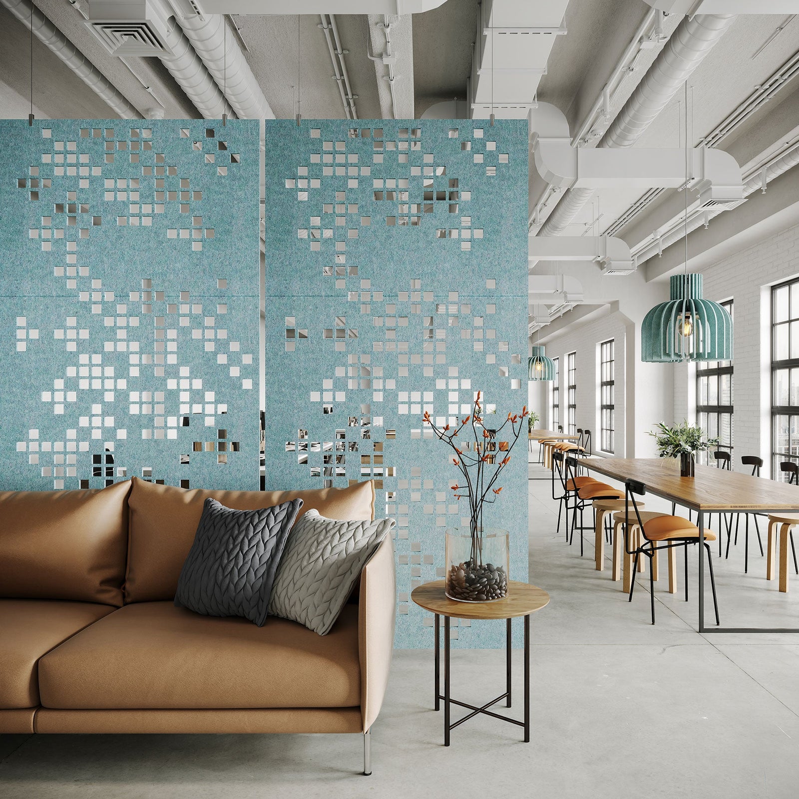 Scatter HarmonyDIVDR aqua panels dividing a cafe lounge.