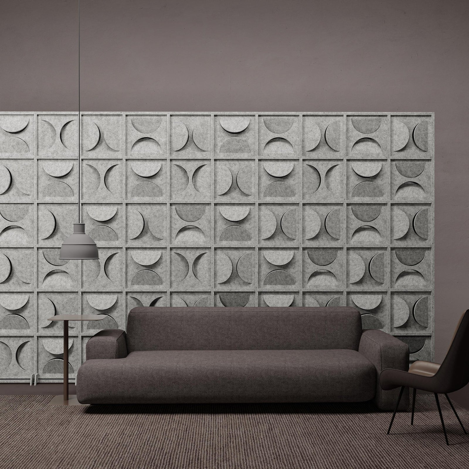Semi HarmonyBLOKS curved cutout divider wall in a modern lounge.
