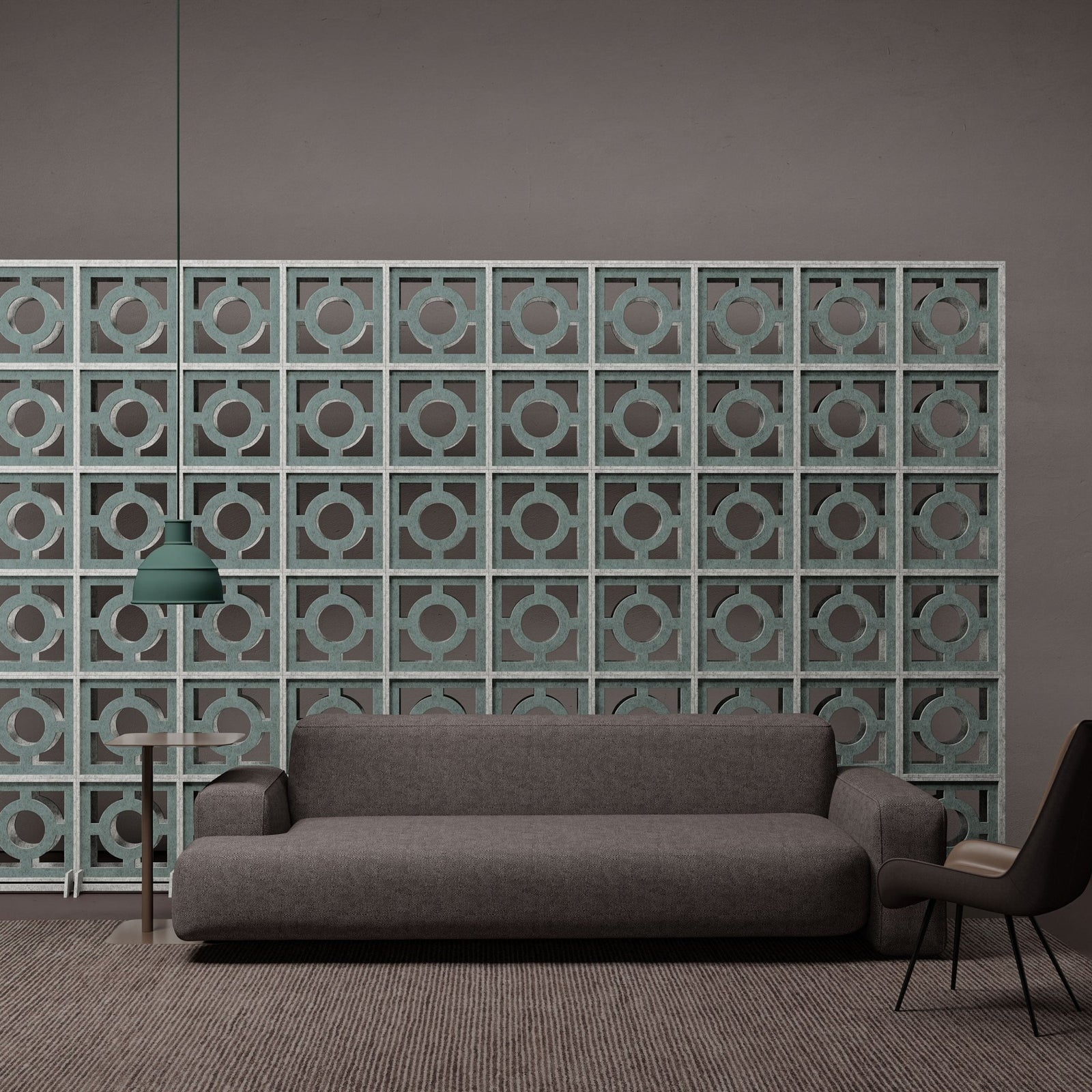 Sprue HarmonyBLOKS acoustic divider wall in a modern lounge.