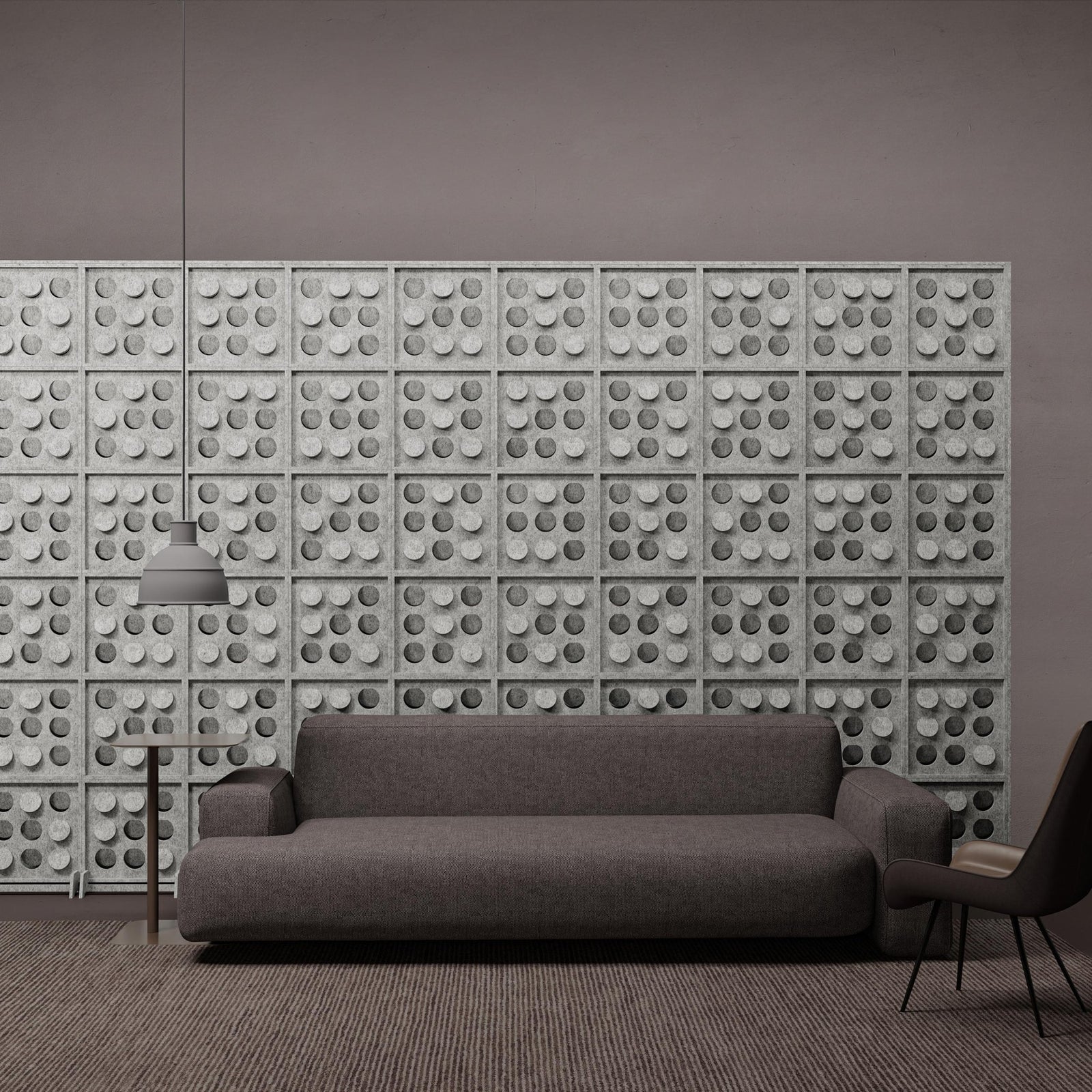 Tessell HarmonyBLOKS acoustic divider wall in a modern lounge.