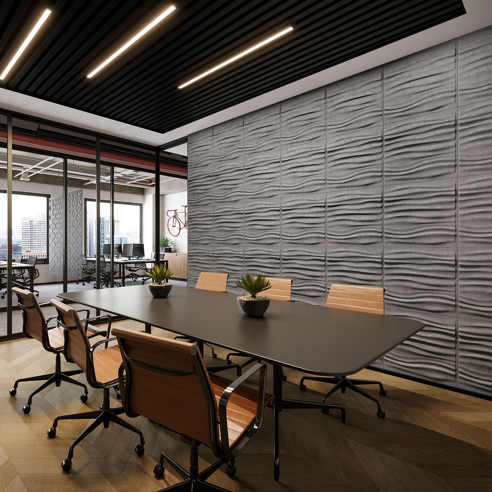 Wide view of Tidal Harmony3D acoustic felt wall panels in a modern conference room